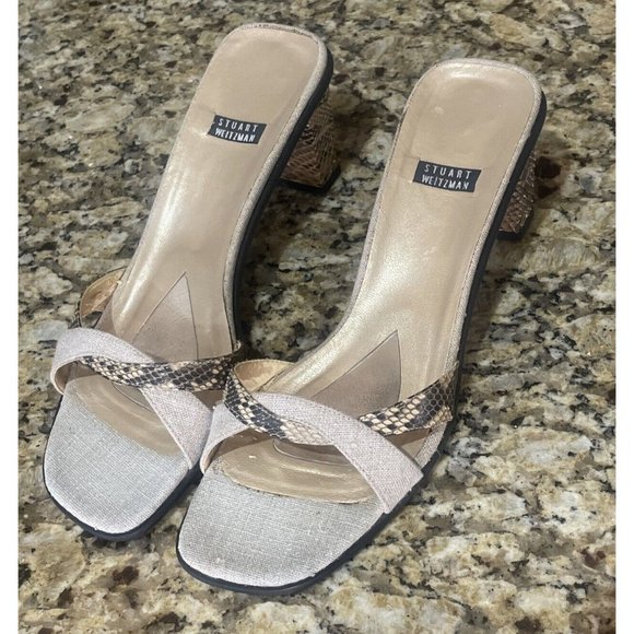 Stuart Weizman Square-Toe Snake-Print Leather Crossover Slide Block Heel Sandals - Picture 3 of 6